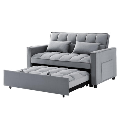 3-in-1 Pull Out Couch, 55.3'' Convertible Futon Sofa Bed, Velvet Sleeper Loveseat with Pillows, Pockets, Small Sofa Cama for Living Room, Apartment, Grey