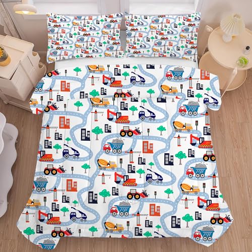 FUYEUN Cartoon Truck Comforter Set Twin: Construction Bedding Set for Boys Kids Children Bedroom Dorm White Cute Cars Quilt 1 Comforter + 1 Pillow Case FUYEUN