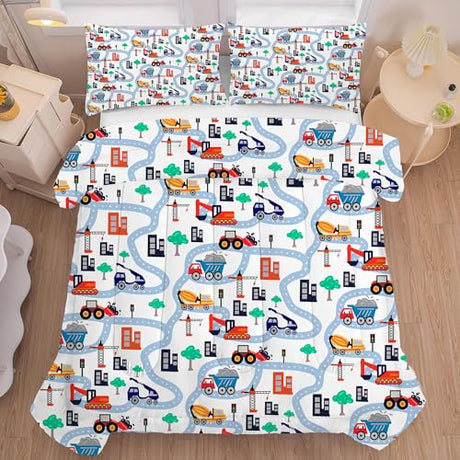 FUYEUN Cartoon Truck Comforter Set Twin: Construction Bedding Set for Boys Kids Children Bedroom Dorm White Cute Cars Quilt 1 Comforter + 1 Pillow Case FUYEUN
