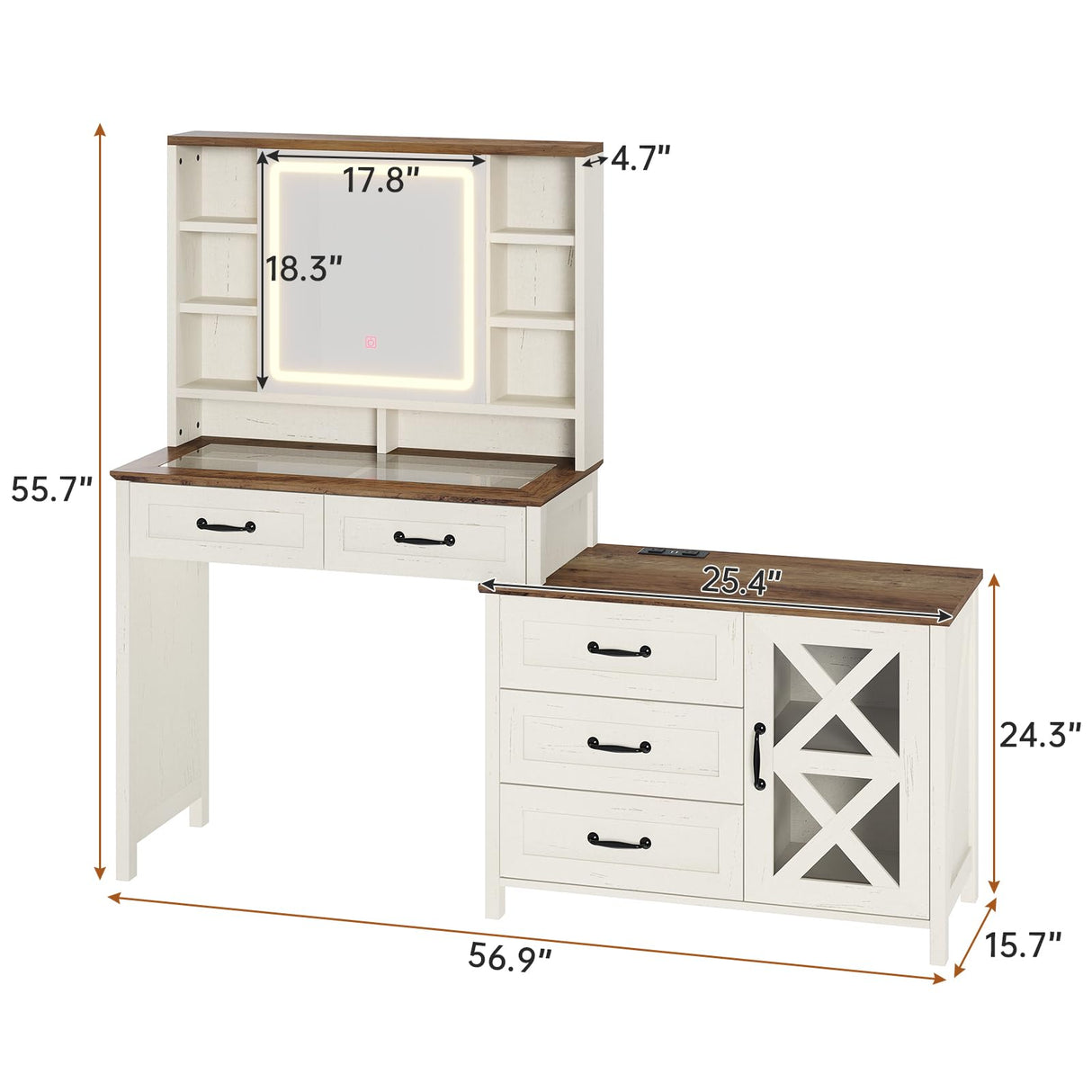 HAUOMS Farmhouse Vanity Desk with Openable Mirror and Lights, White Vanity Table with Drawer Dresser, Glass Top and Charging Station, Large Makeup Desk with 5 Drawers, 9 Shelves, Antique White HAUOMS