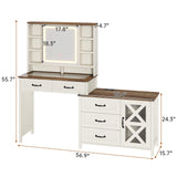 HAUOMS Farmhouse Vanity Desk with Openable Mirror and Lights, White Vanity Table with Drawer Dresser, Glass Top and Charging Station, Large Makeup Desk with 5 Drawers, 9 Shelves, Antique White HAUOMS