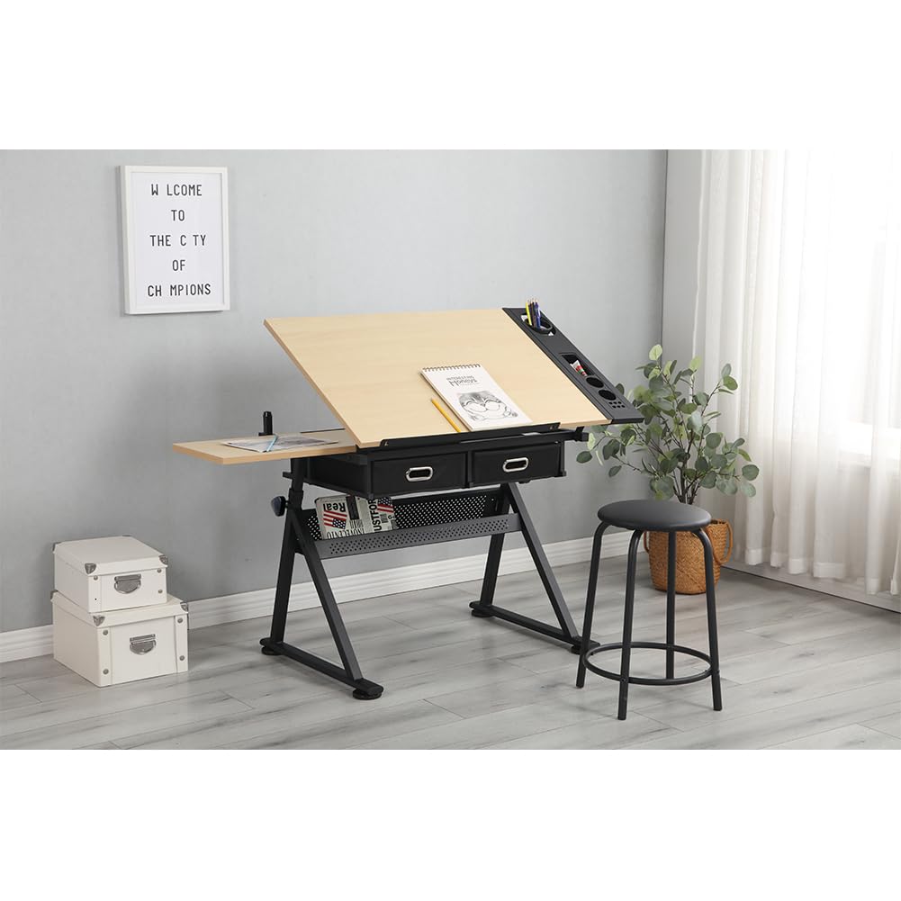 Mochalight Drafting Table, Height Adjustable Drawing Desk with Stool and 2 Storage Drawers for Home Office, Multifunctional Tilting Tabletop Craft Table Desk Mochalight
