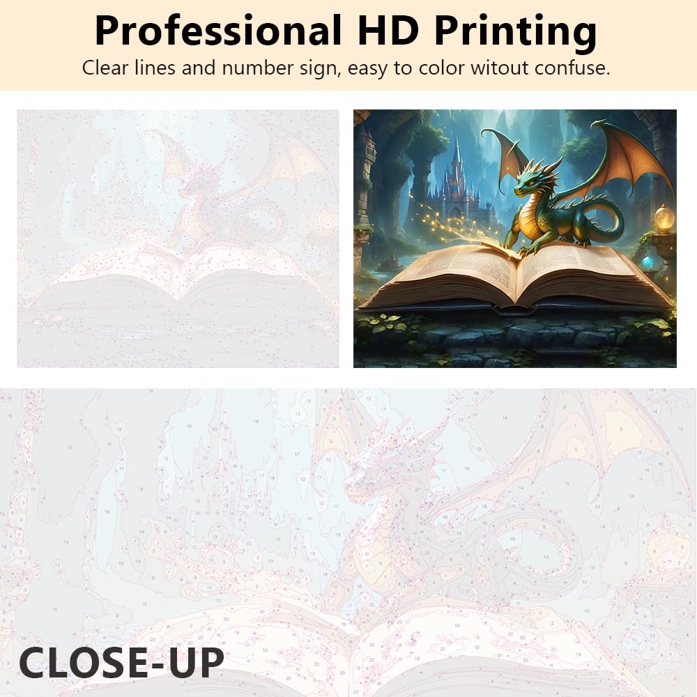 Rebotipy Paint by Numbers for Adults Beginner,Mysterious Open Book and Dragon Oil Painting Style Cute Dragon Canvas Paintting by Numbers Kits for Home Decor 16 * 20 inch Rebotipy