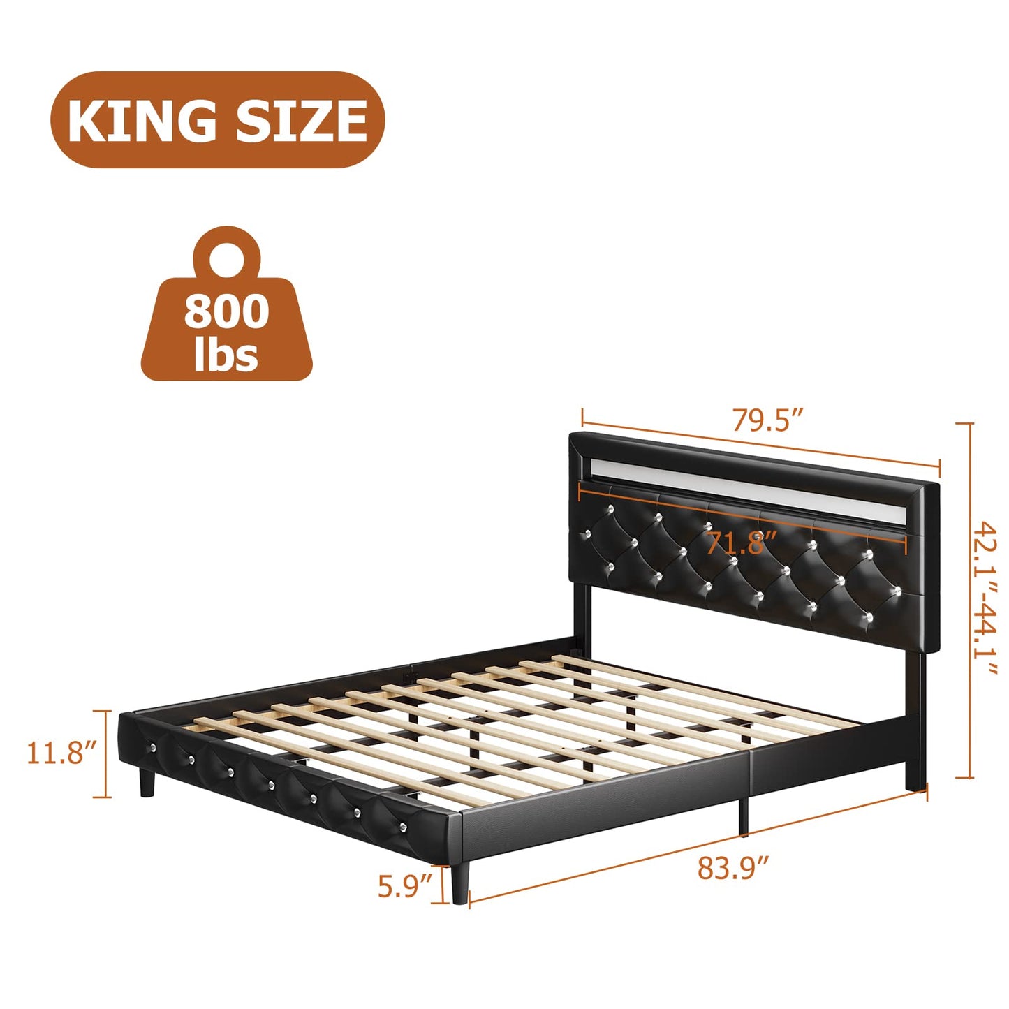 Keyluv Modern Upholstered King Size Bed Frame with LED Lights and Adjustable Crystal Tufted Headboard - WoodArtSupply