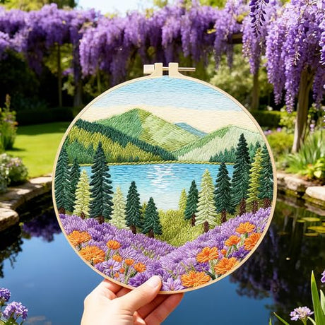 BEUNITONE 4 Set Embroidery Kit for Beginners, Beautiful Forest Scenery Patterns Cross Stitch Kits, Needlepoint Kits for Adults with Hoop, Hand Embroidery Patterns for Cloth and Home Decor BEUNITONE