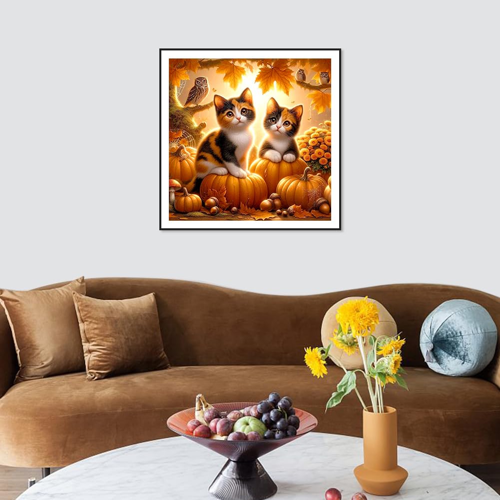 FHBUBPUP 5D Cat Diamond Painting Kits for Adults, Fall Kitten Diamond Art Kits for Beginners, DIY Full Drill Round Diamond Dot Gem Art, Craft Gift Suitable for Home Wall Decoration 12×12Inch FHBUBPUP