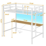 DICTAC Twin Loft Bed with Desk and Charging Station Twin Size Metal Bed Frame with LED Lights Metal Platform Bed,Top Bunk with Safety Guardrail and Stair, Space-Saving,No Box Spring Needed, White DICTAC