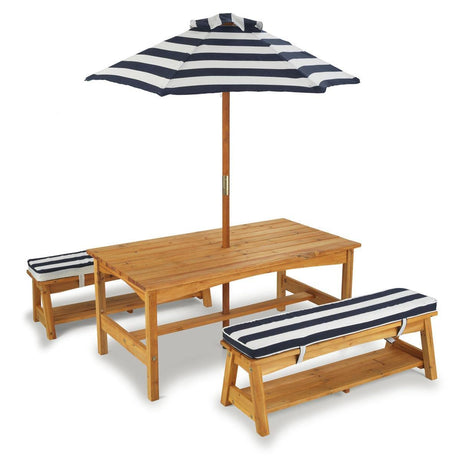 KidKraft Outdoor Wooden Table & Bench Set with Cushions and Umbrella, Kids Backyard Furniture, Navy and White Stripe Fabric KidKraft