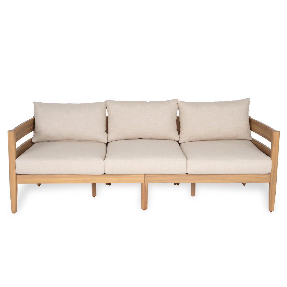 Christopher Knight Home Kavets 76.25'' W Outdoor 3 Seater Sofa with 5" Cushion, Acacia Wood Patio Sofa, Modern Slat Panel Bench, Spacious Seating Couch for Backyard Garden Porch, Light Teak+Beige Christopher Knight Home
