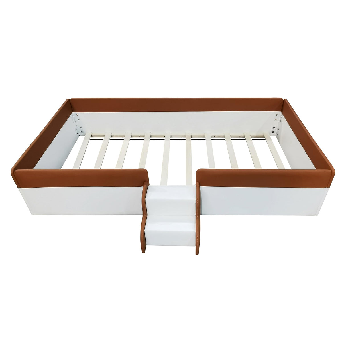 PU Upholstered Floor Bed with Fence and Stairs, Twin Floor Bed with Slats, Montessori Floor Bed for Kids, Girls, Boys, Twin Size Montessori Bed (Brown+White) Bellemave