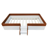 PU Upholstered Floor Bed with Fence and Stairs, Twin Floor Bed with Slats, Montessori Floor Bed for Kids, Girls, Boys, Twin Size Montessori Bed (Brown+White) Bellemave