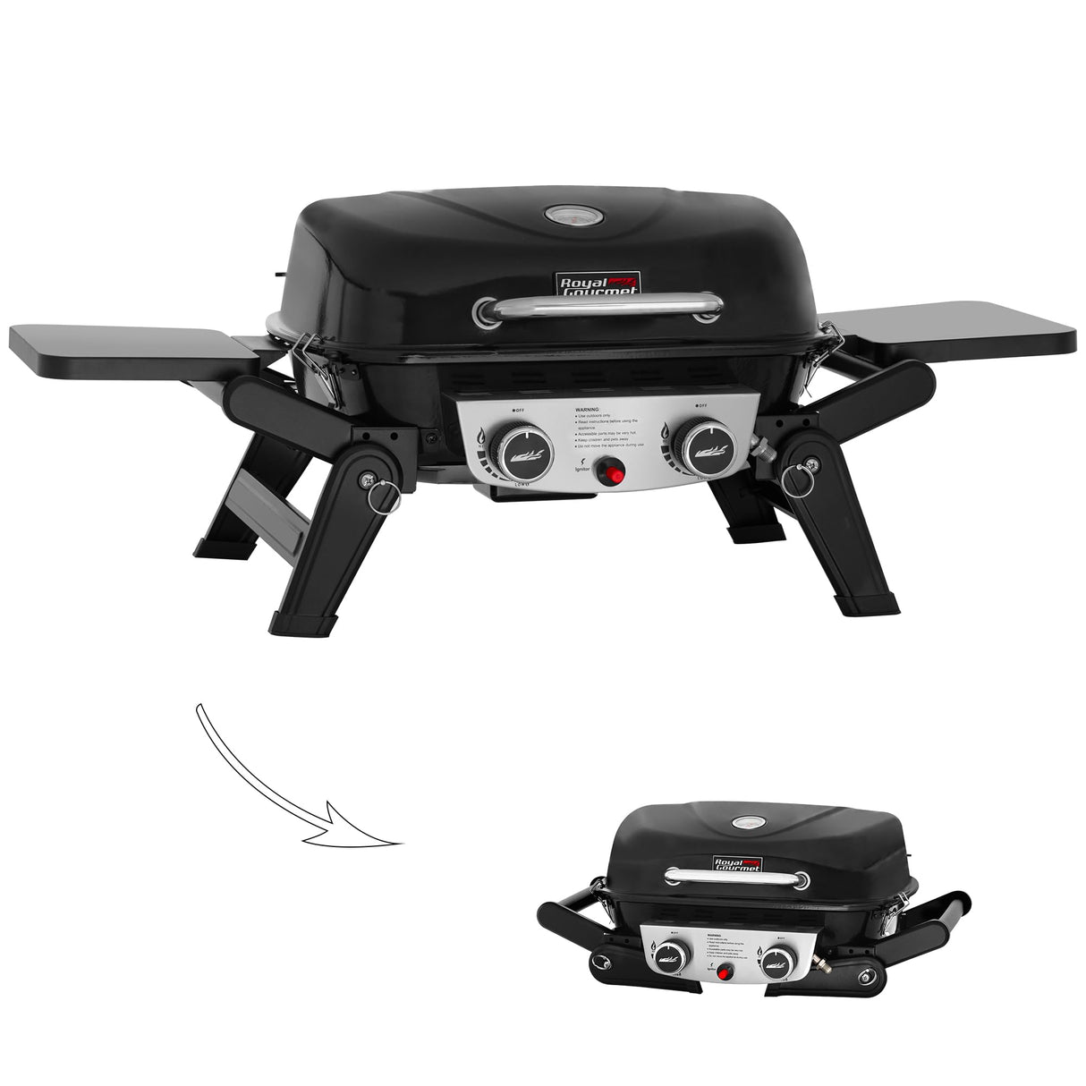 Royal Gourmet GT2005 2-Burner Portable Propane Gas Grill with Foldable Side Tables & Foldable Support Legs, Tabletop Gas Grill with Warming Rack for for Outdoor Cooking & Grilling, Black Royal Gourmet