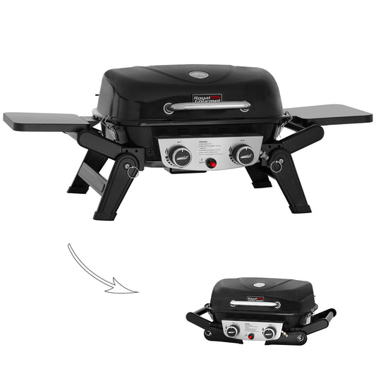 Royal Gourmet GT2005 2-Burner Portable Propane Gas Grill with Foldable Side Tables & Foldable Support Legs, Tabletop Gas Grill with Warming Rack for for Outdoor Cooking & Grilling, Black