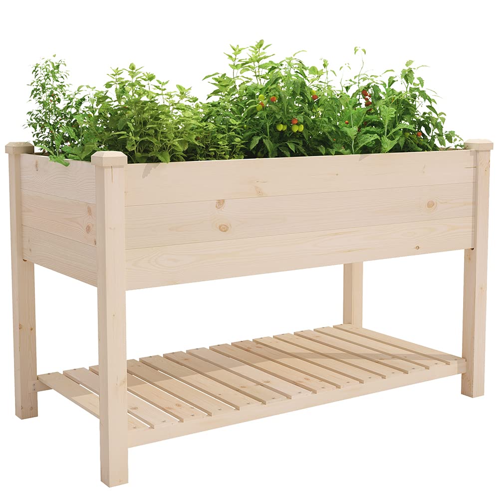 Tiuekes Raised Garden Bed with Storage Shelf 48.5x24.4x30 Inch, Elevated Wood Planter Box with Legs for Vegetable Flower Herb Outdoors Backyard, Patio, Balcony with Liner (Natural Wood)