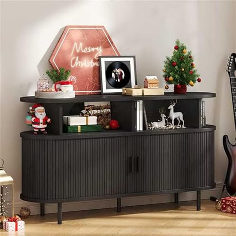 55" Large Round Record Player Stand with Charging Station, Vinyl Record Storage Cabinet, Mid Century Modern Turntable Stand with Open Shelves Holder for Bedroom Living Room, Sliding Doors (Black) ONBRILL