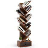 OFFICEJOY 10-Tier Tree Bookshelf, Floor Standing Bookshelf with Drawer, Small Bookcase for CDs, Books, Magazines,Utility Organizer Shelves for Living Room, Study, Bedroom, Office, School, Brown OFFICEJOY