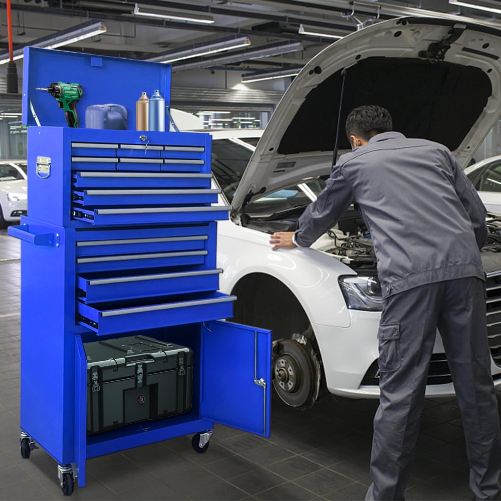 Kirmosal 13-Drawer Tool Chest with Double Door Handle,2 in 1 Detachable Rolling Tool Chests with Wheels and Drawers,Large Tool Box with Lock,Mobile Steel Tool Cabinet Storage (Blue) Kirmosal