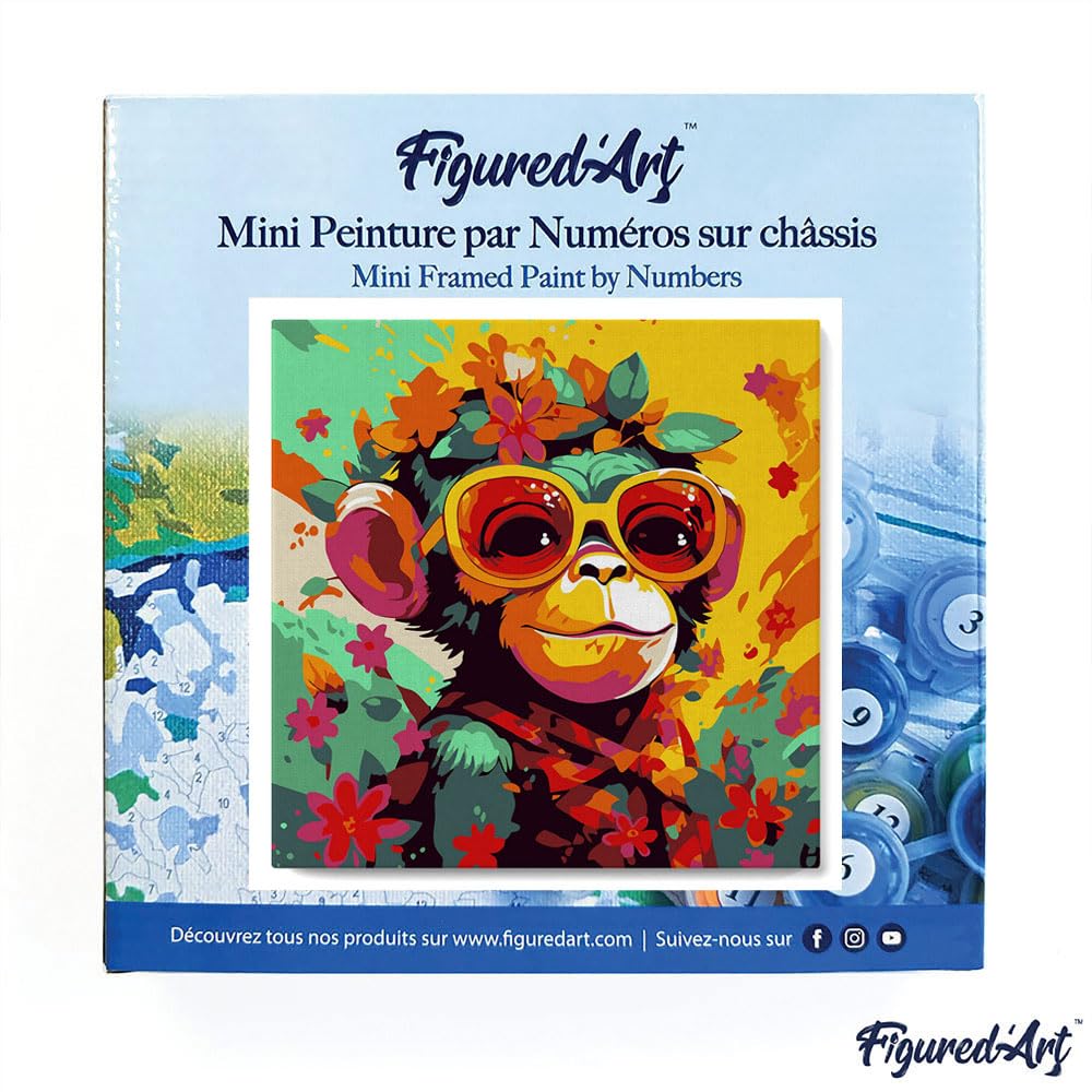 Figured'Art Mini Paint by Numbers Kit for Adults with Frame Fantasy Monkey and Flowers Small Format 8"x8" - Craft Art Painting DIY Canvas Already Stretched on a Wooden Frame Figured'Art