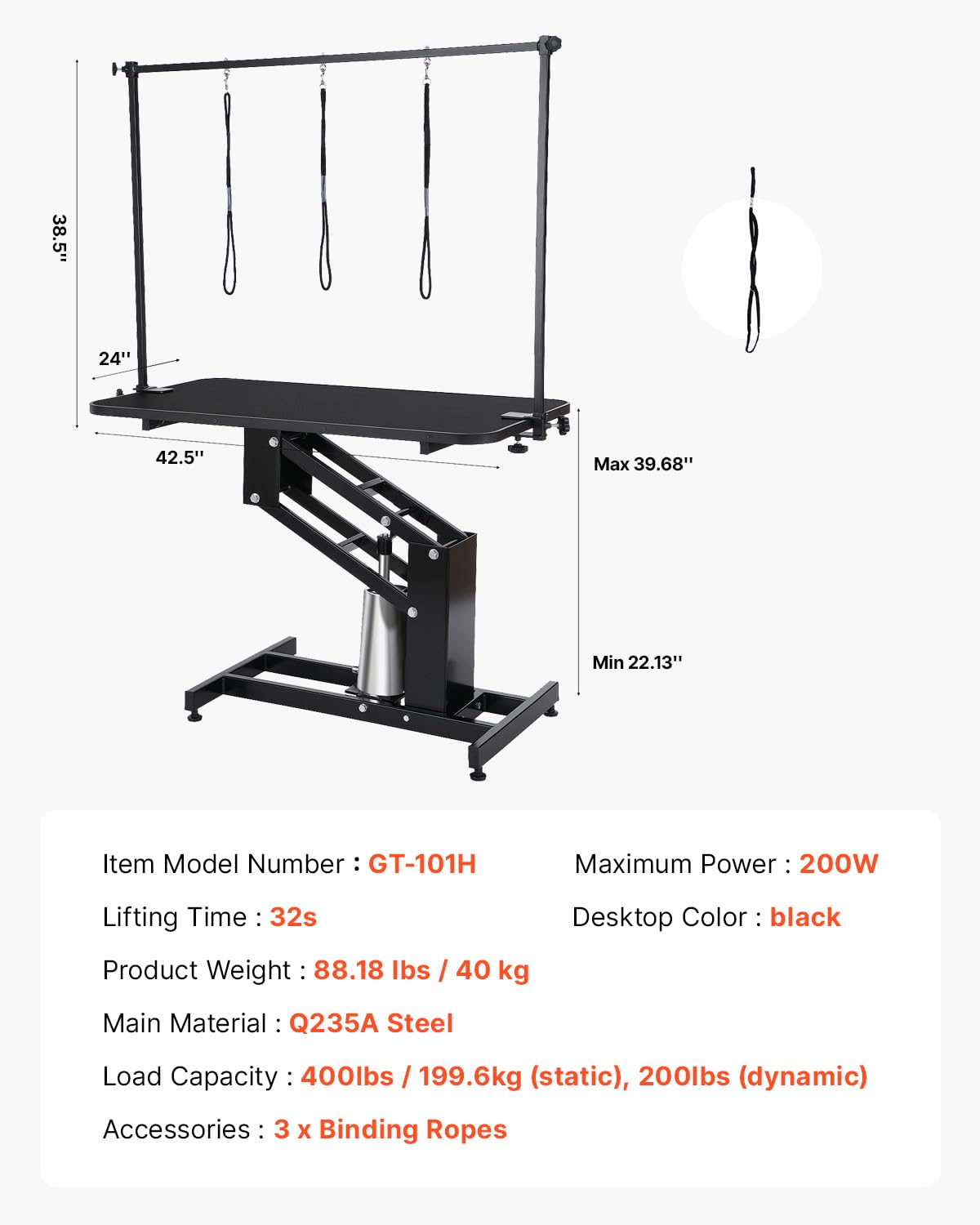 VEVOR Hydraulic Pet Grooming Table, 400LBS Static Load Capacity, 42.5 x 24 Inch Dog Grooming Station with Anti-Slip Tabletop and Dual Height Adjustable Arms with Clamps, for Medium and Small Dogs VEVOR