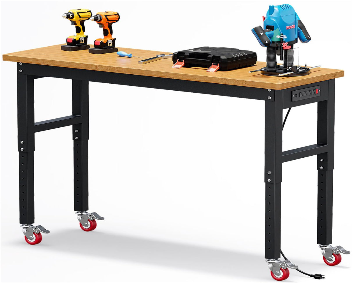 60" Garage Work Bench with Wheels, GarveeTech Adjustable Height Solid Wood Work Bench Table, Max. 2200 LBS Capacity Heavy Duty Work Station for Garage, Shop, Home, Office GarveeTech