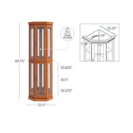 BELLEZE Lighted 3-Side Glass Display Curio Cabinet w/Tempered Glass Doors and Shelves, Accent Wooden Corner Cabinet with Bulb, Corner Storage Decoration Rack for Living Room & Bedroom - Corona (Oak) BELLEZE
