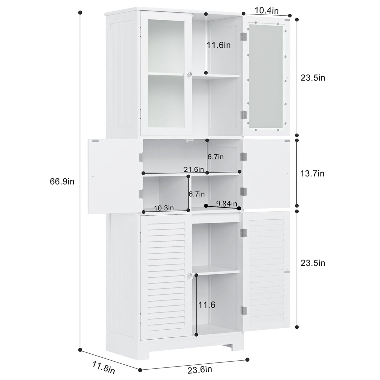 HOSTACK 67” Tall White Kitchen Pantry and Multi-Purpose Storage Cabinet with Glass Doors and Shelves HOSTACK