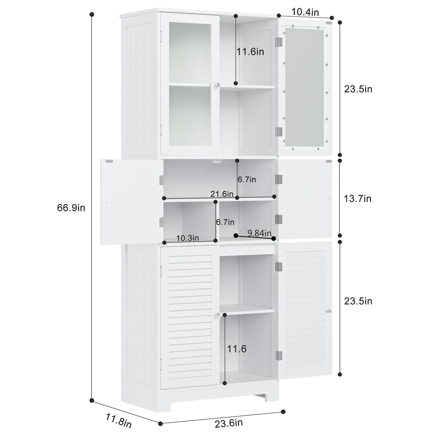 HOSTACK 67” Tall Kitchen Pantry Cabinet, Bathroom Storage Cabinet with Glass Doors and Shelves, Freestanding Floor Cabinet Cupboard for Bathroom, Living Room, Home Office, White