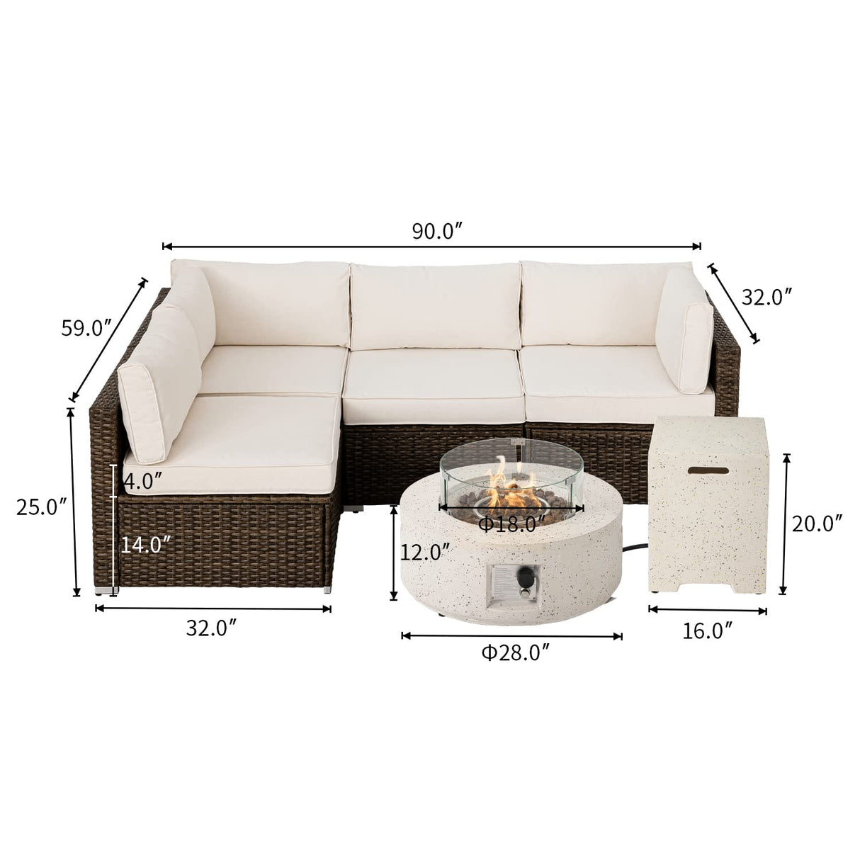 COSIEST 6-Piece Patio Furniture Set w Fire Pit Table, Outdoor Brown Wicker Sectional Sofa w 28-inch Terrazzo Round Fire Table (40,000 BTU), Wind Guard and 16-inch Tank Outside (20lb) for Garden COSIEST
