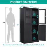 SISESOL Display Cabinet with Glass Doors and Lock,Black Metal Storage Cabinet,Freestanding Locking Kitchen Pantry Cabinets with Doors and Shelves for Home Office,Pantry,Kitchen Bathroom SISESOL