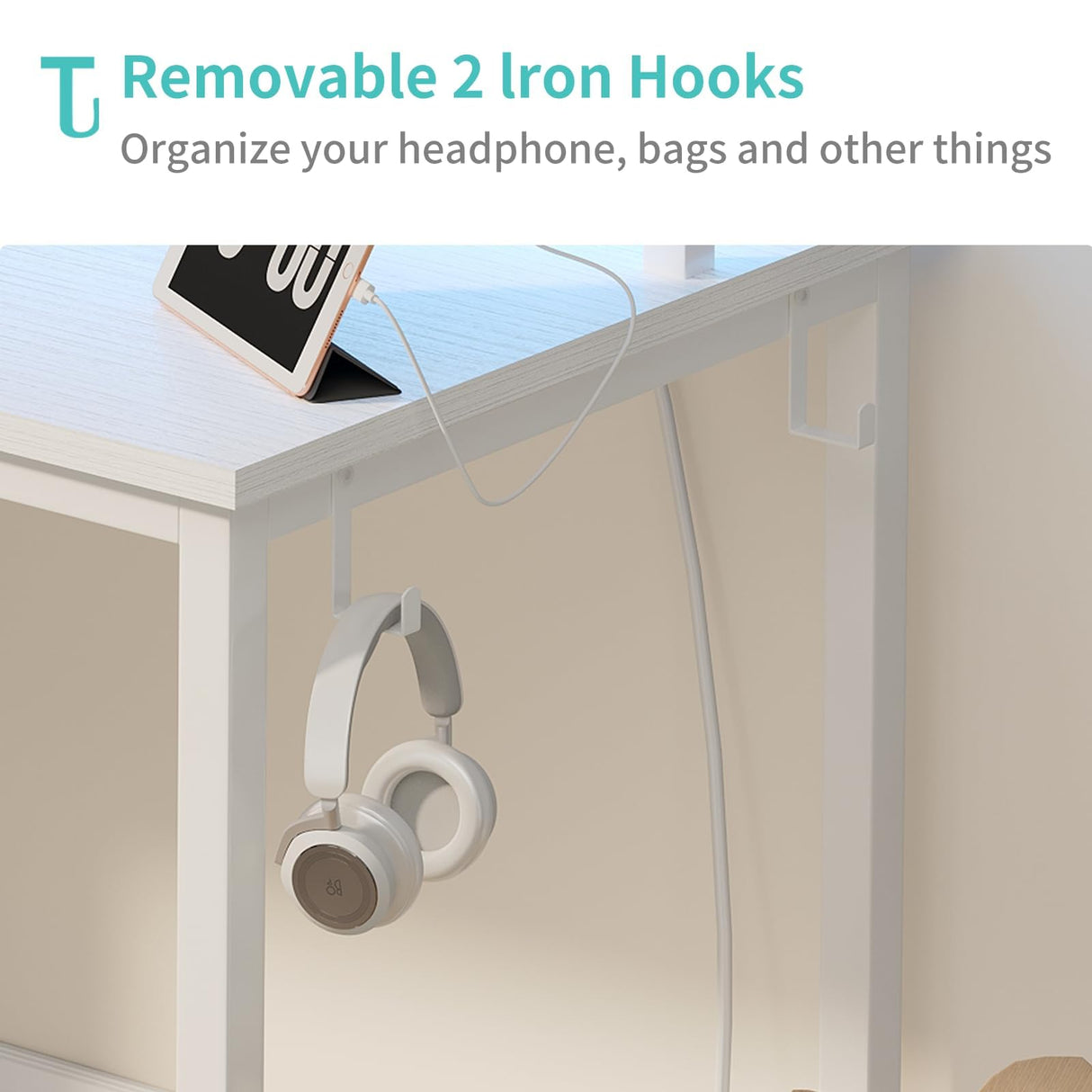 Lufeiya White Computer Desk with LED Lights and Power Outlets, 40 Inch Home Office Desks with Monitor Stand, Teen Writing Study Table Gaming Desk with Charging Station, White Lufeiya