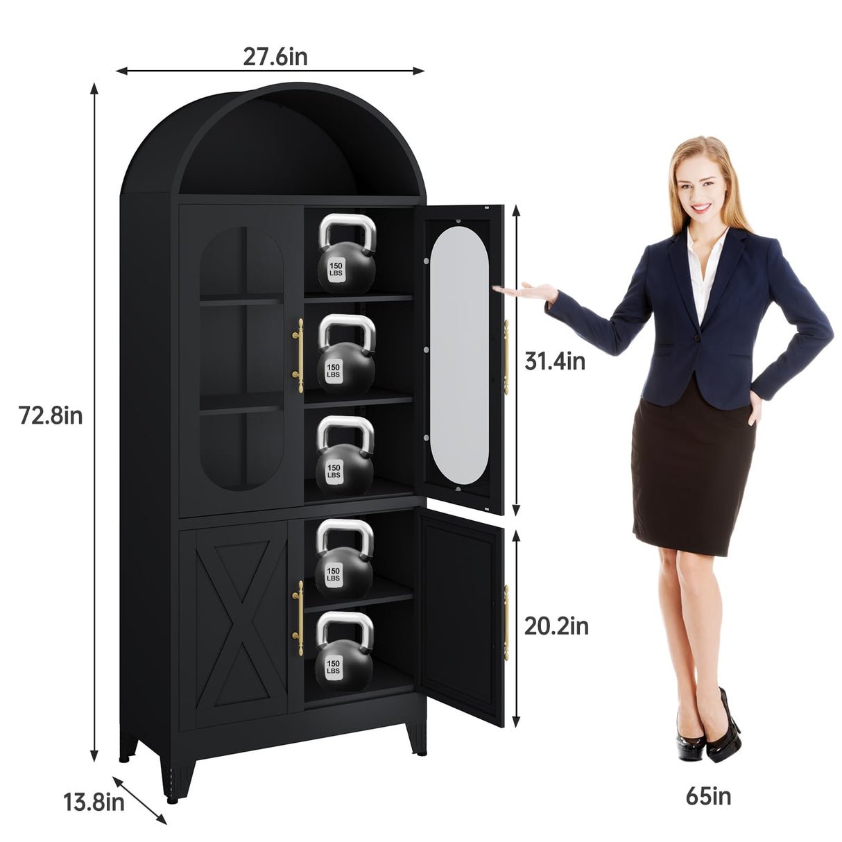 erosoei 73" H Metal Tall Arched Kitchen Pantry Cabinet, Modern Farmhouse China Storage Cabinets with Glass Door and Adjustable Shelves, Versatile Cupboard for Kitchen, Dining Room, Bathroom (Black) erosoei