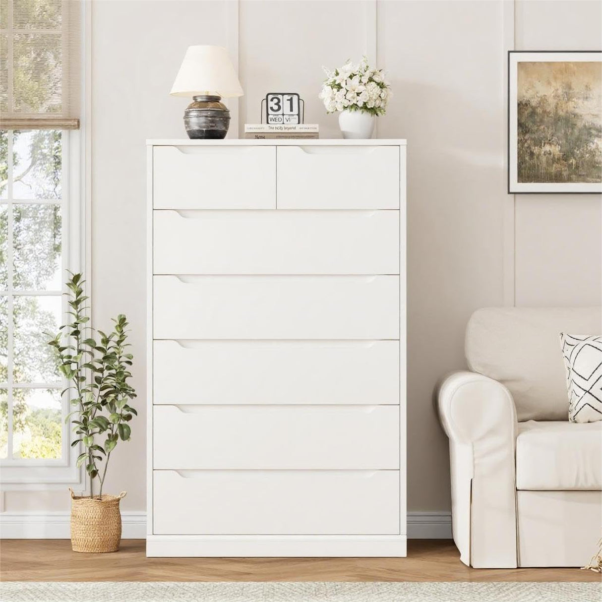 HITHOS 51" Tall 7 Drawers Dresser, Modern White Dresser, Wood Dressers & Chests of Drawers with Cut-Out Handles, Upright Drawer Chest, Accent Vertical Dressers for Living Room, White HITHOS