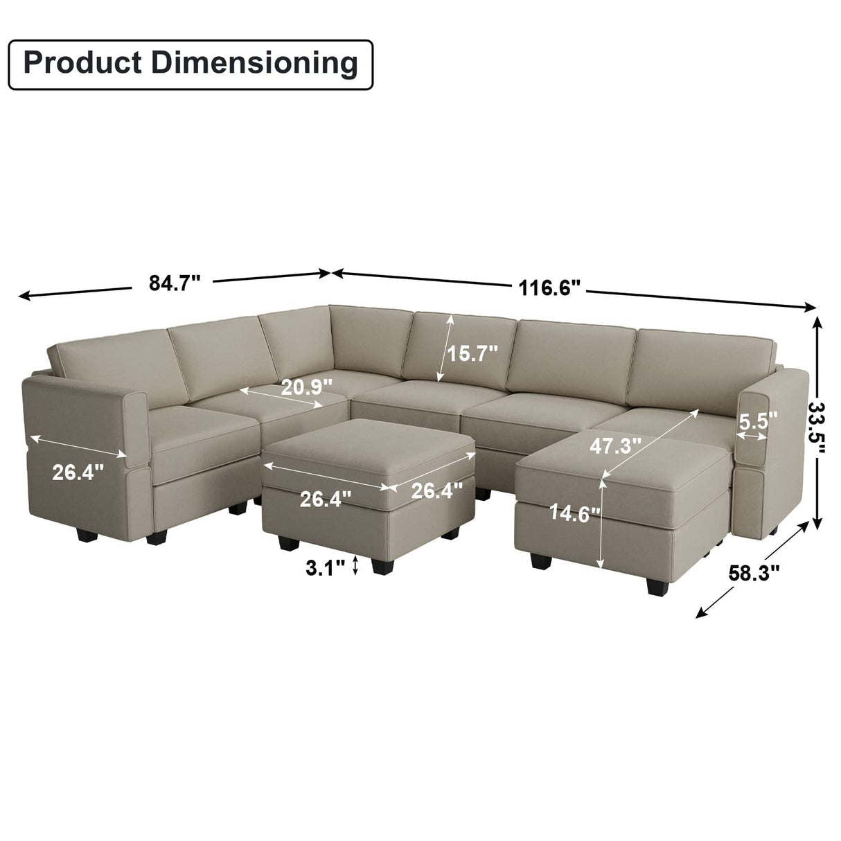 Belffin Modular Sectional Sofa with Storage Seat Oversized U Shaped Couch with Reversible Chaise Sofa Set with Ottoman Velvet Grey Belffin