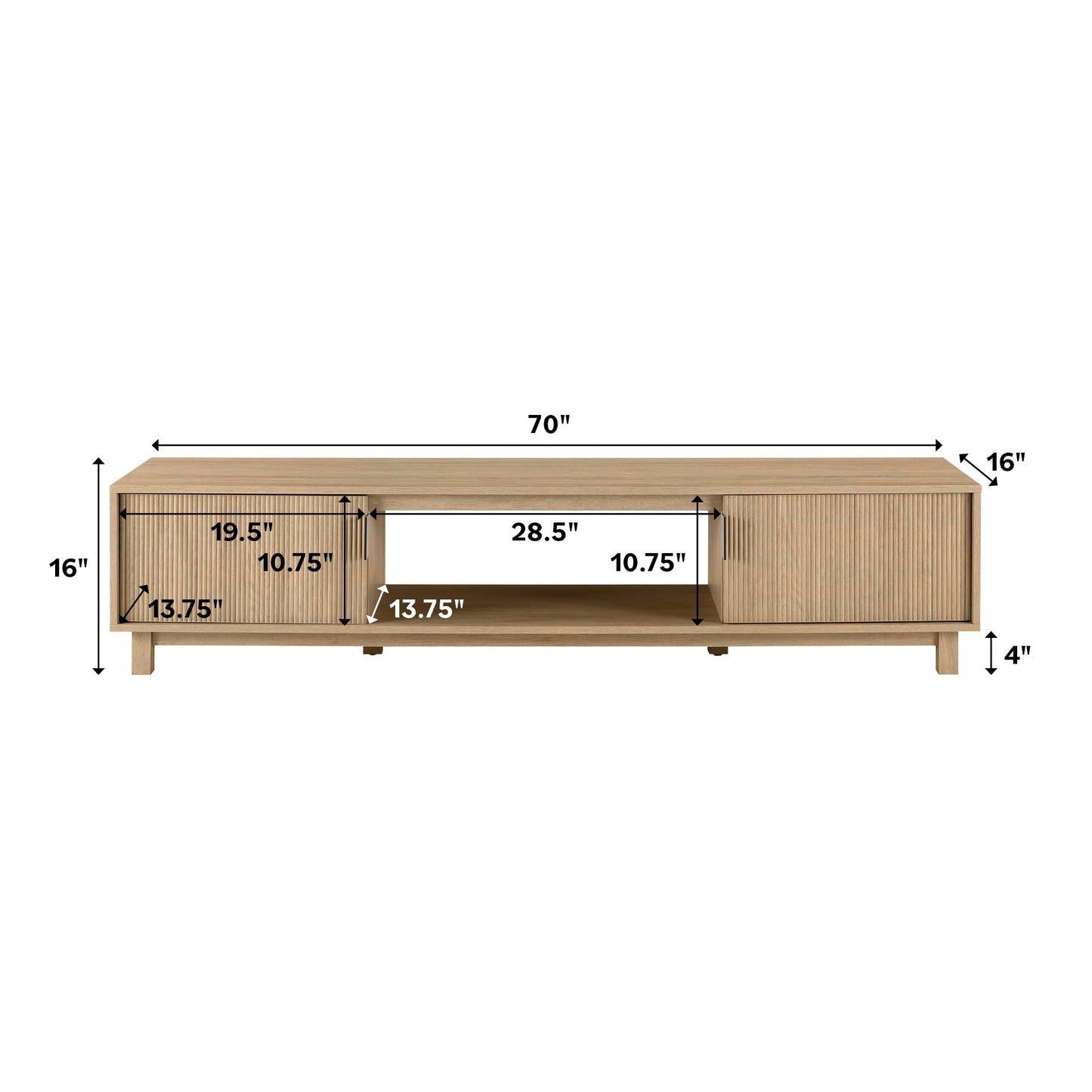 Walker Edison Walton Modern Fluted-Door Low Stand for TVs up to 80 Inches, 70 Inch, Coastal Oak - WoodArtSupply