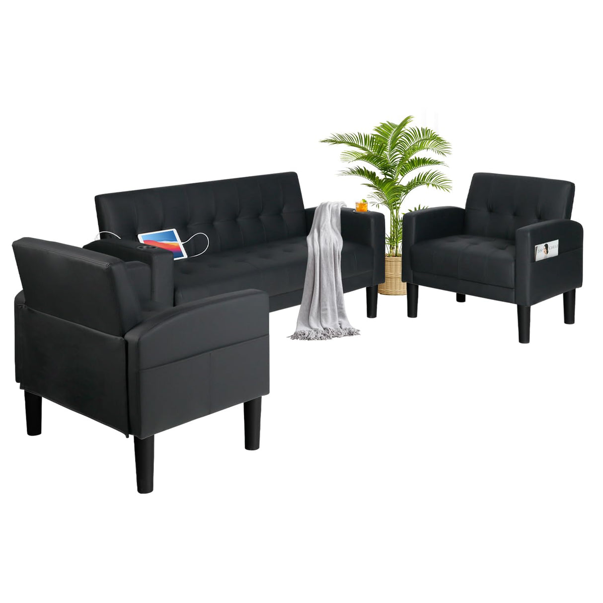 AILEEKISS 3 Piece Living Room Sofa Set Loveseat Sofas Sets with 2 USB,Cup Holders,Side Pocket, Modern Leather 3 Pcs Sectional Couches Set for Apartment, Office, Bedroom (Black, 2-Seat+1-Seat+1-Seat) AILEEKISS