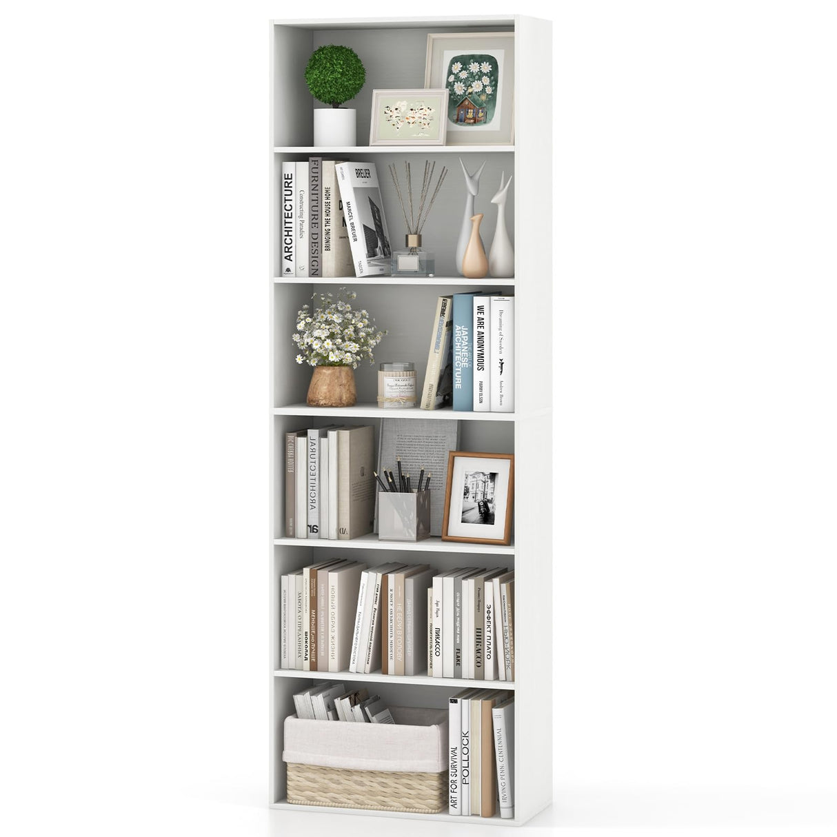 Giantex 6-Tier Bookcase, 70" Tall Wooden Bookshelf, Freestanding Storage Organizer w/Open Shelves, Anti-Tipping Kits, Modern Floor Standing Display Shelves for Living Room, Bedroom (1,White) Giantex