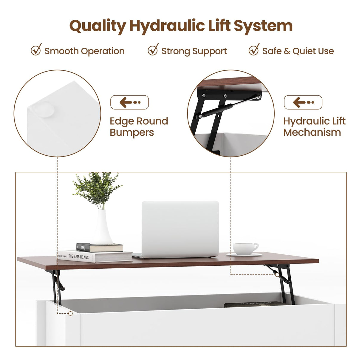 GOFLAME Lift Top Coffee Table, Center Table with Lift Tabletop, Hidden Compartment, 3 Open Shelves, Middle Leg, Anti-Slip Foot Pads, Modern Accent Table for Living Room, Reception Room (White) GOFLAME