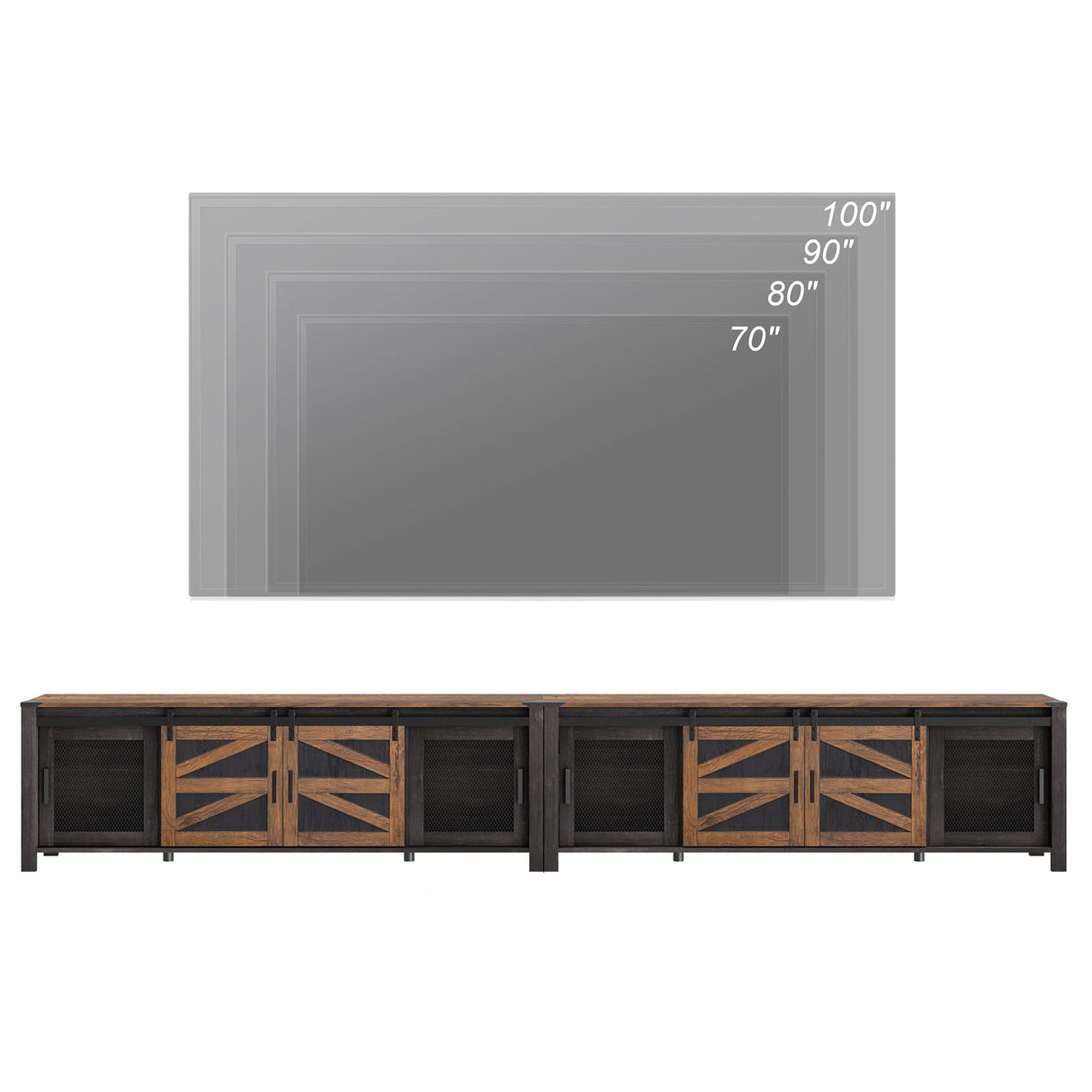 WAMPAT Farmhouse TV Stand for 100 Inch TV with Sliding Barn Door, Set of Two Modern Wood Entertainment Center with Storage Cabinets, Media Console Table for Living Room Bedroom，Dark Walnut and Black WAMPAT