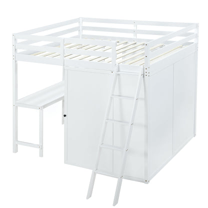 LostCat Full Size Loft Bed with Integrated Wardrobe and Desk in White - WoodArtSupply