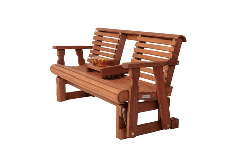 Amish Casual Heavy Duty Rollback Console Porch Glider in Cedar Stain - Patio Glider with Fold Down Cupholders Amish Made in The USA Amish Casual