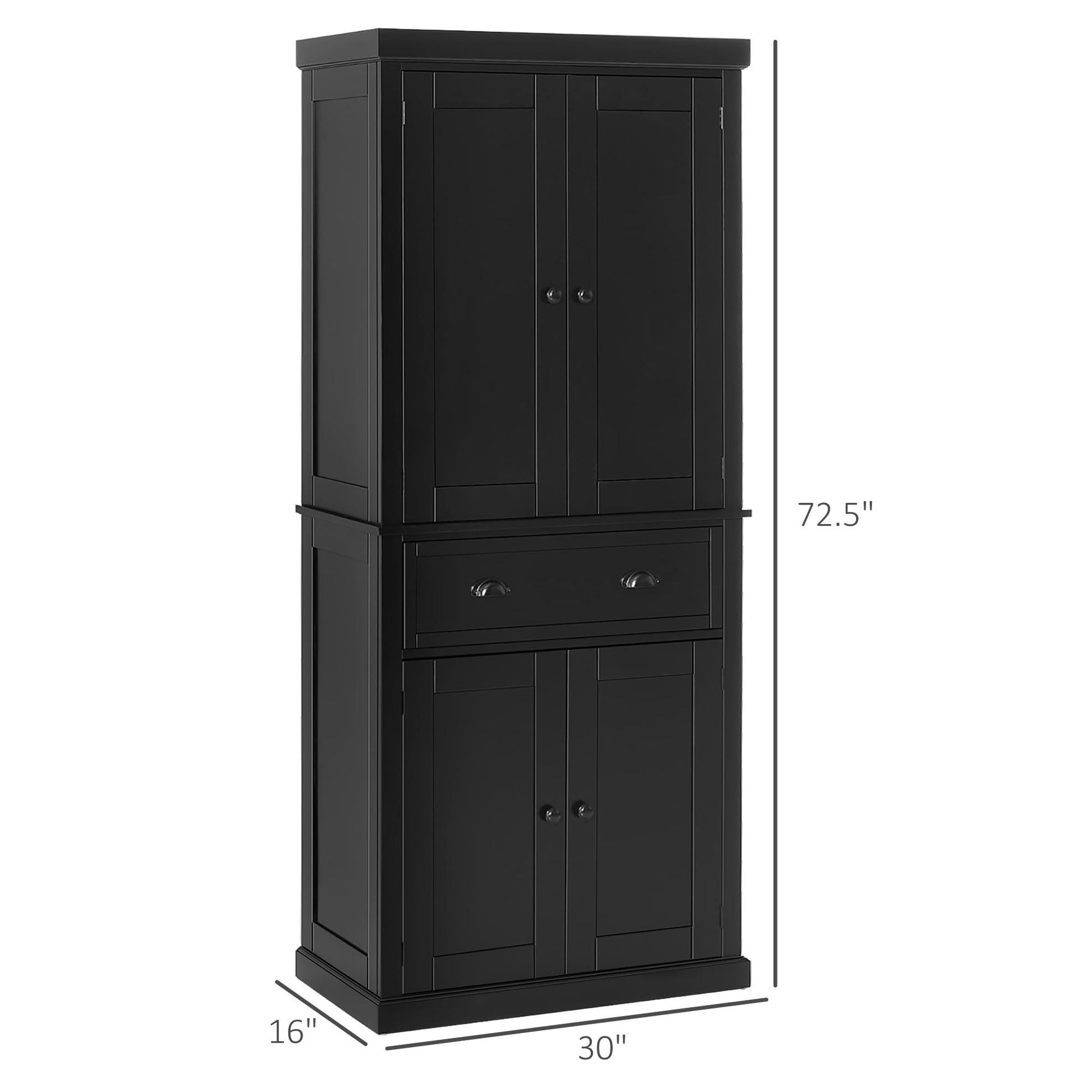 HOMCOM 72" Kitchen Pantry Cabinet, Traditional Freestanding Storage Cabinet with 4 Doors, Drawer and 3 Adjustable Shelves for Dining Room, Black - WoodArtSupply