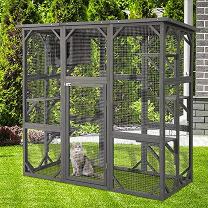 MAGIC UNION Large Fir Wooden Outdoor Indoor Catio Cat Enclosure with Weather Protection Roof with Cattery and 5 Platforms - WoodArtSupply