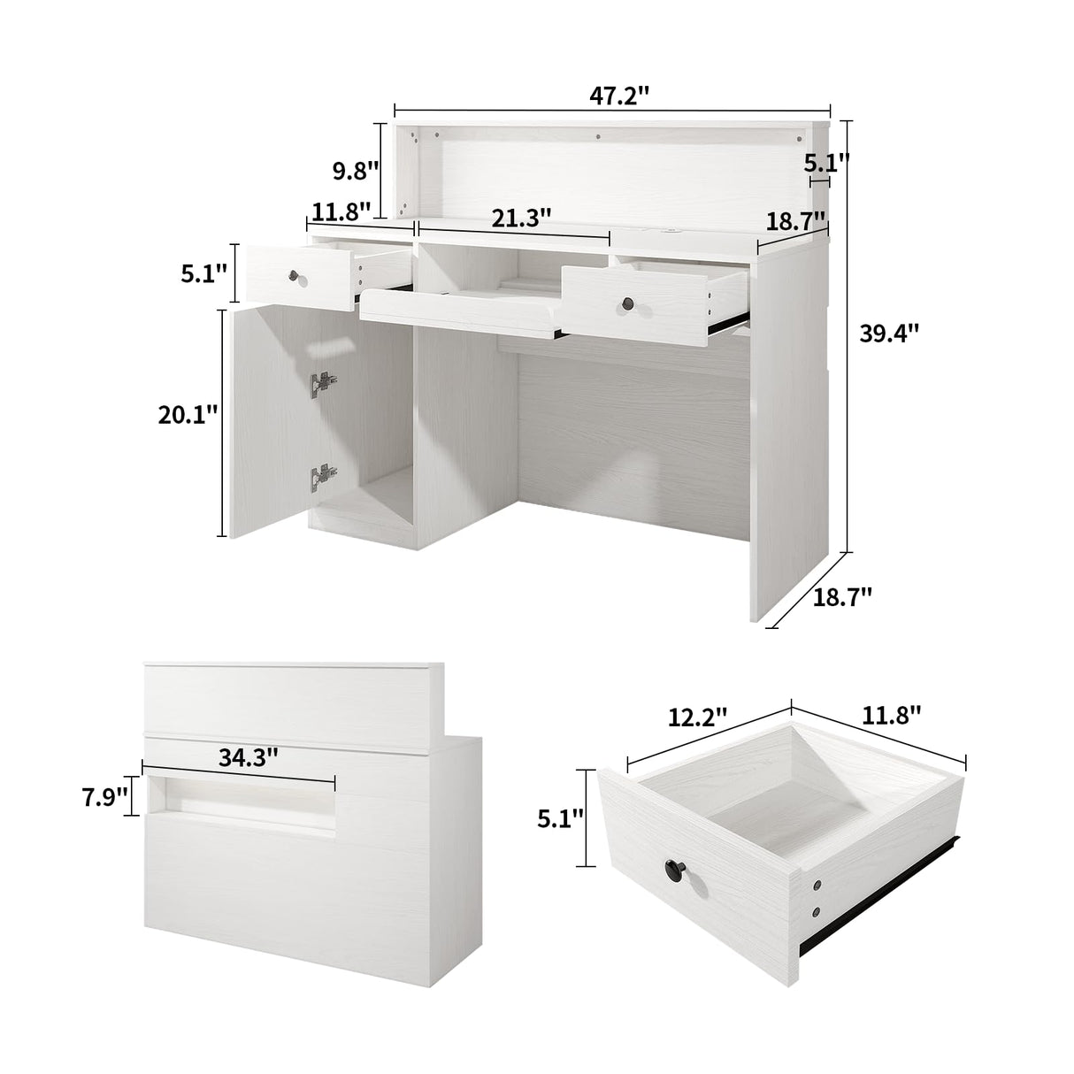 VOWNER Reception Desk with LED Lights and Power Outlets, Retail Counter Reception Counter Table with Drawers, for Salon Lobby Checkout Office, White (47.2" W x 18.7" D x 39.4" H) VOWNER