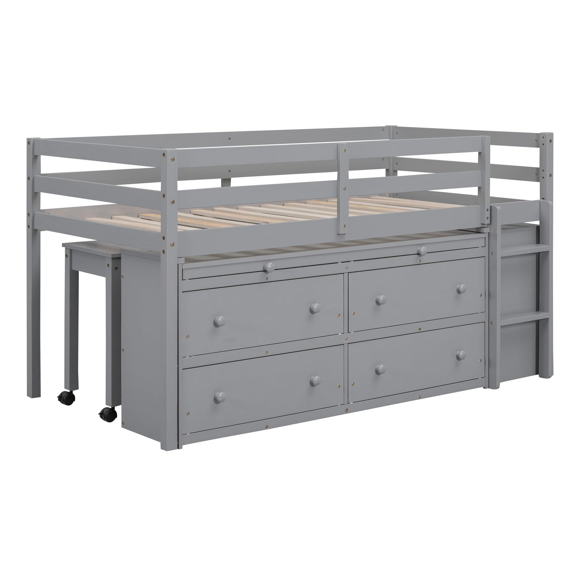 Kids Twin Low Loft Bed with Portable Desk and Storage Drawers in Gray by Harper & Bright Designs - WoodArtSupply