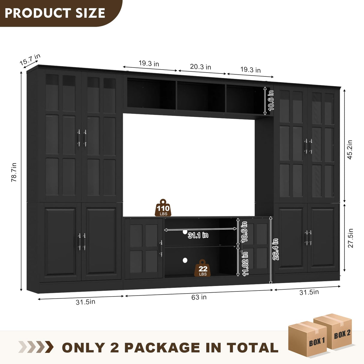 MEISSALIVVE 4-Piece Wall Unit TV Stand with Storage & LED Lights for TVs up to 75", Modern Entertainment Center with Bookshelves & 4-Door Pantry Cabinet, Black MEISSALIVVE