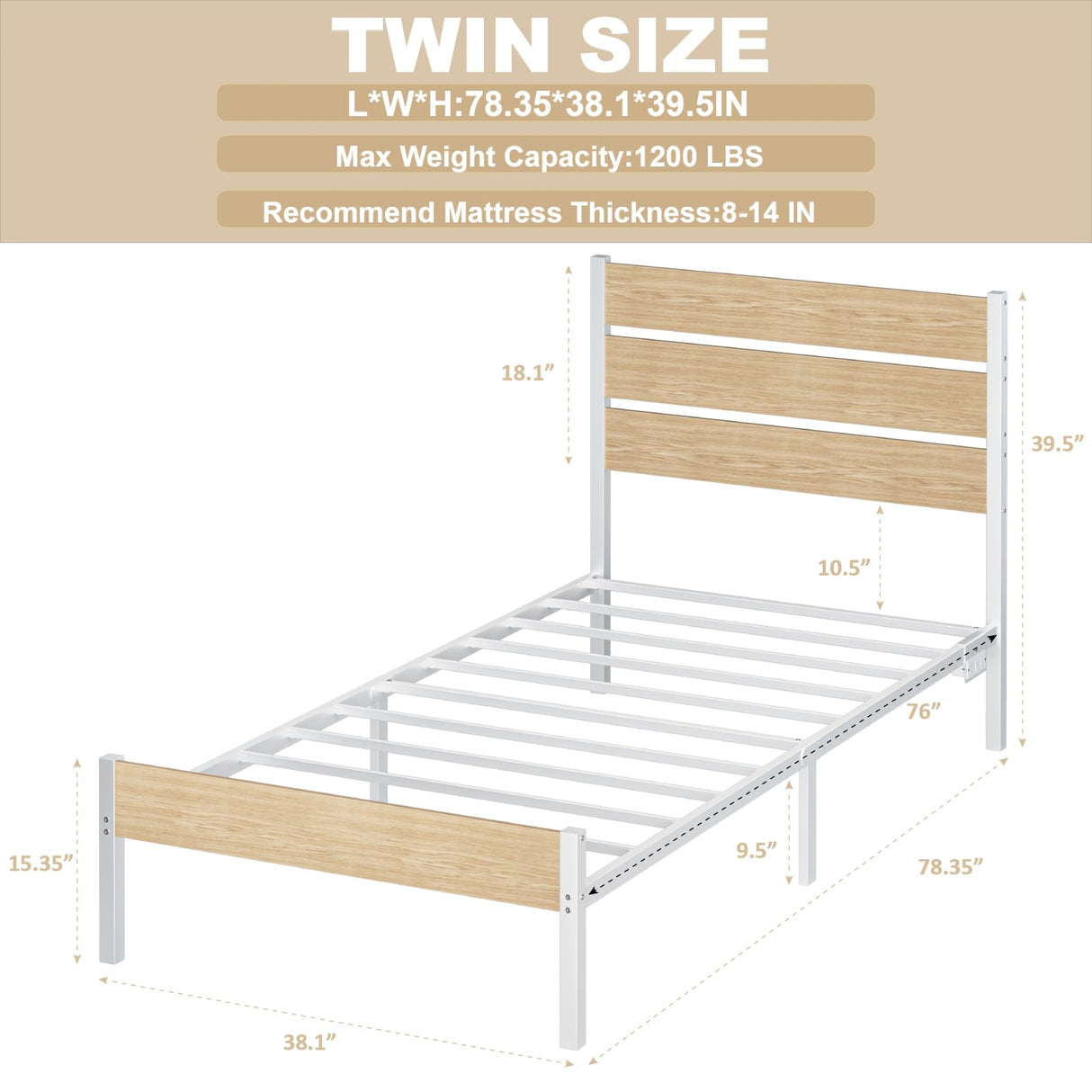 PUNICE Twin Size Bed Frame with Charging Station, LED Light Metal Bed Frame with Wooden Headboard, No Box Spring Required, No Noise, Easy Assembly, White PUNICE