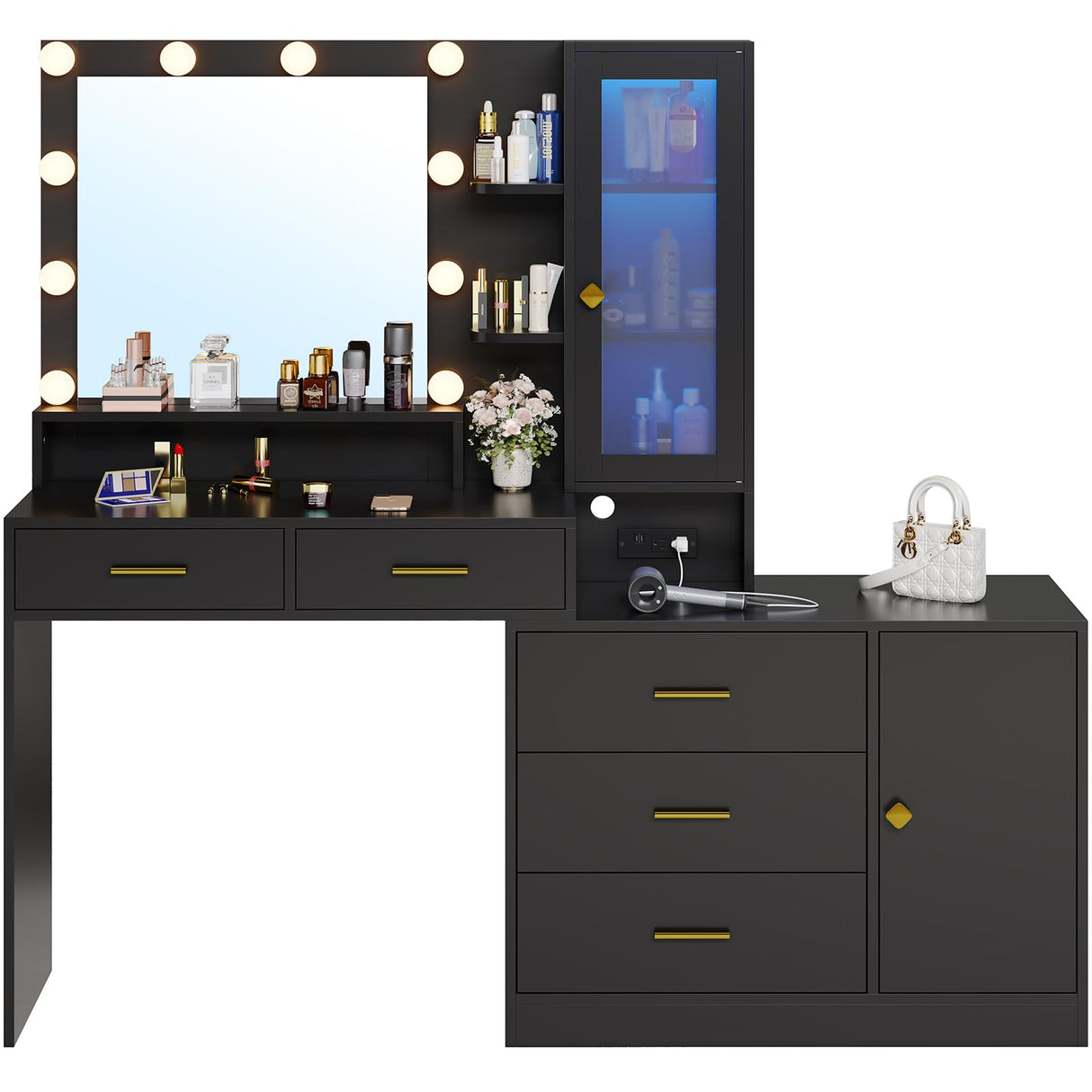 HAUOMS Large Makeup Vanity with Lights Vanity Desk with Mirror, Modern Vanity Table Set with Drawer Dresser, Charging Station & RGB Cabinets, Makeup Desk with 5 Drawers and Storage Shelves, Black HAUOMS