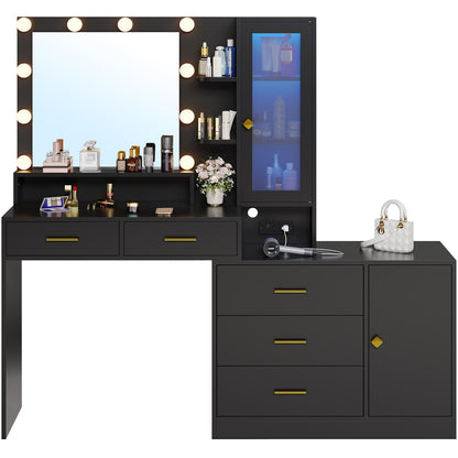 HAUOMS Large Makeup Vanity with Lights Vanity Desk with Mirror, Modern Vanity Table Set with Drawer Dresser, Charging Station & RGB Cabinets, Makeup Desk with 5 Drawers and Storage Shelves, B - WoodArtSupply