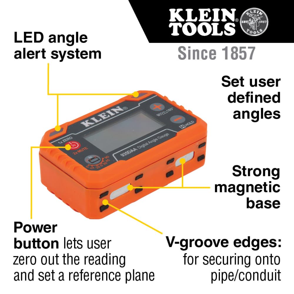Klein Tools 935DAA Digital Electronic Level and Angle Gauge, LED Angle Alert, Measure and Set Angles, 0-90 and 0-180 Degree Ranges Klein Tools