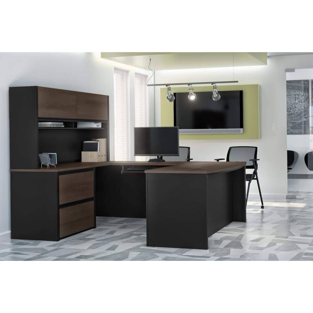 Bestar Connexion U-Shaped Executive Desk with Lateral File Cabinet and Hutch, 72W, Antigua & Black